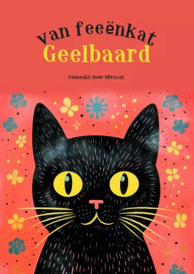 Magische avonturen van een zwarte kat in een bloemenpatroon met rode achtergrond