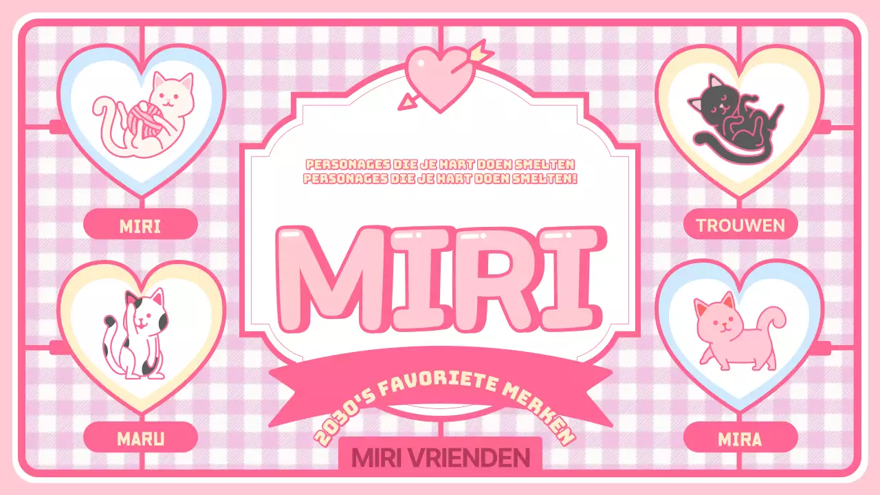 Schattige karakter en merchandise introductiepagina met roze geruite achtergrond