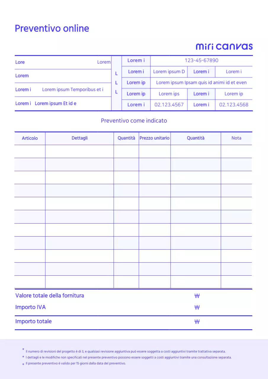 Modelli di documenti aziendali pre-canale blu per preventivi online