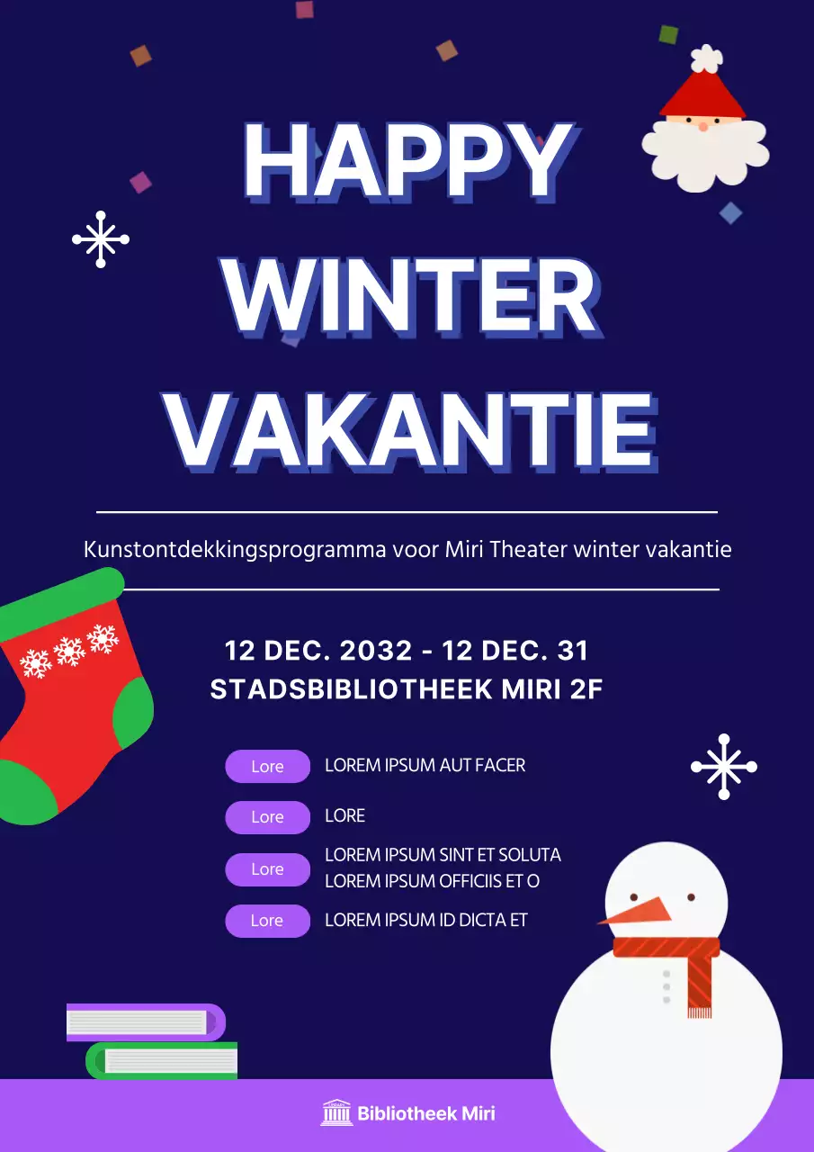 Een winters geïllustreerd schoolvakantieprogramma in marineblauw
