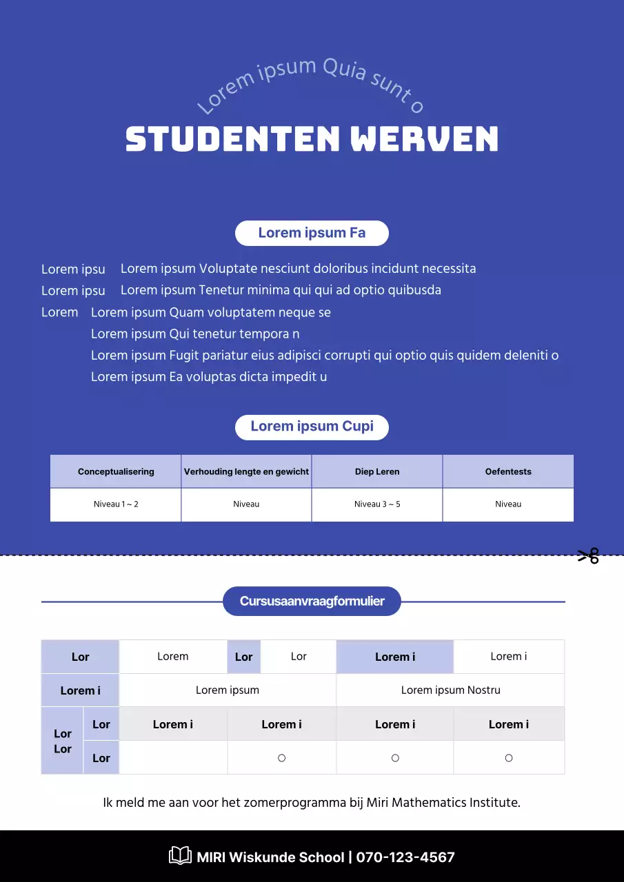 Blauwe kleur en strak tafelconcept voor een zomercursus op een wiskundeschool.