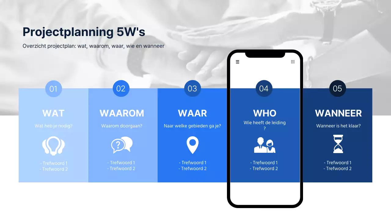 Projectplanning 5WS infographic in blauw