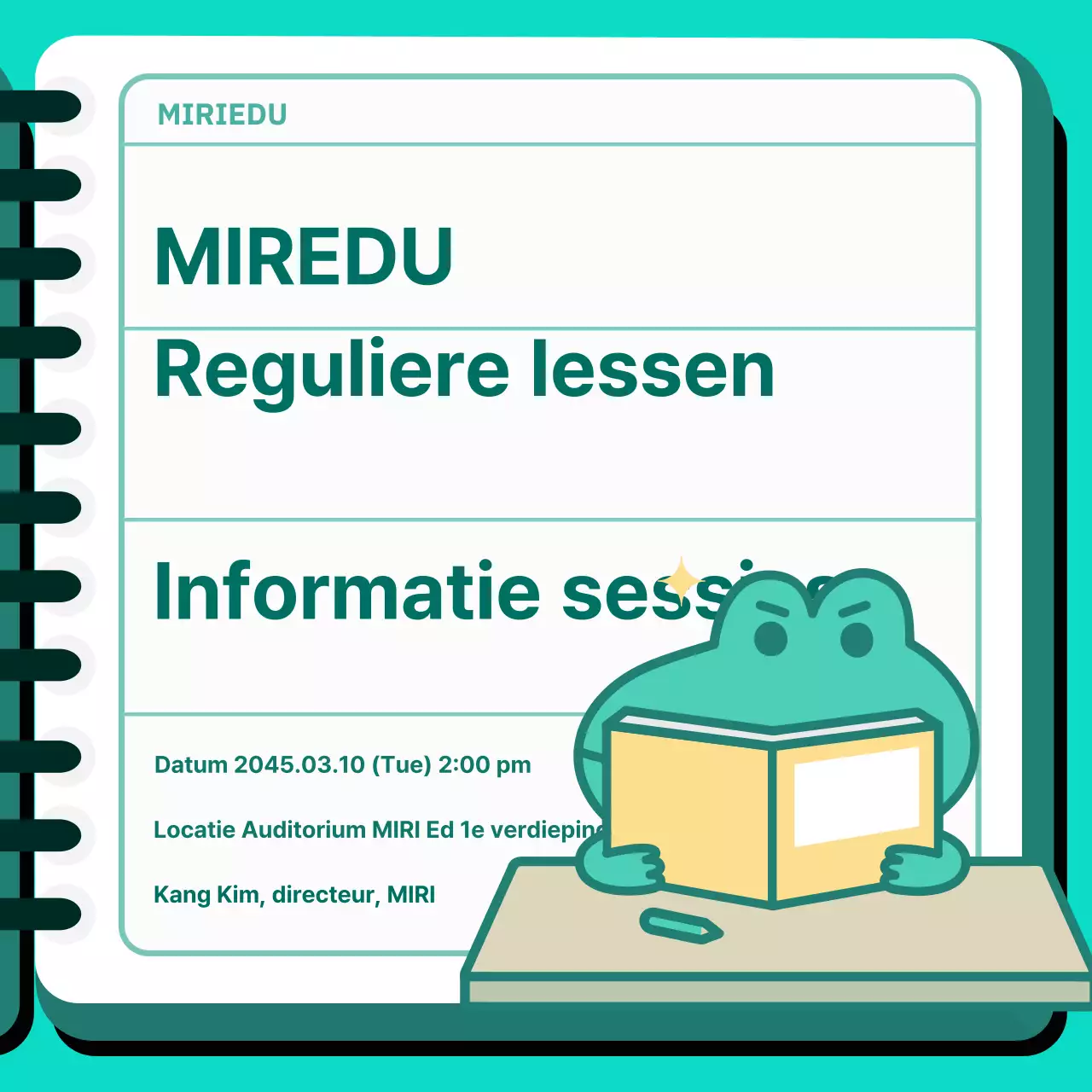 Turquoise notitieboekLeuk personageIllustratieHerzienReglementaire vergadering