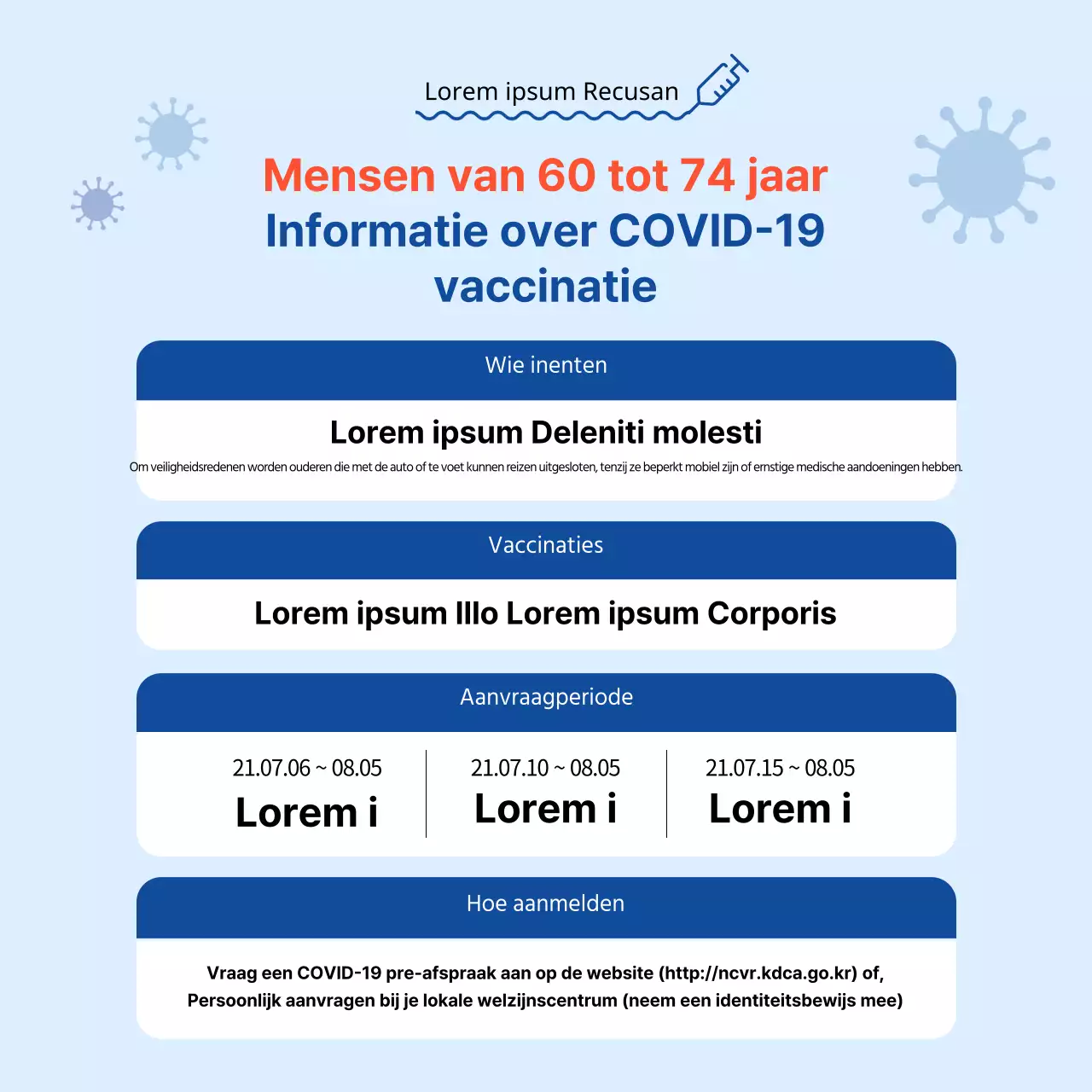 Coronavirus vaccinatie vierkante poster met tafel in blauwe tinten