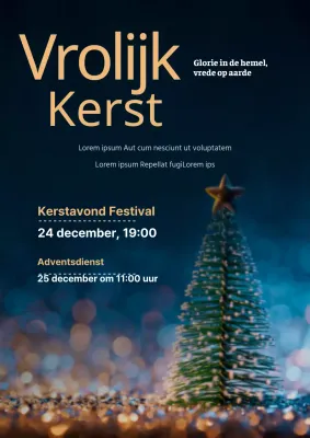 Promoot en begeleid een kerstdienst in een ingetogen kerk met een foto van een marineblauwe boom.
