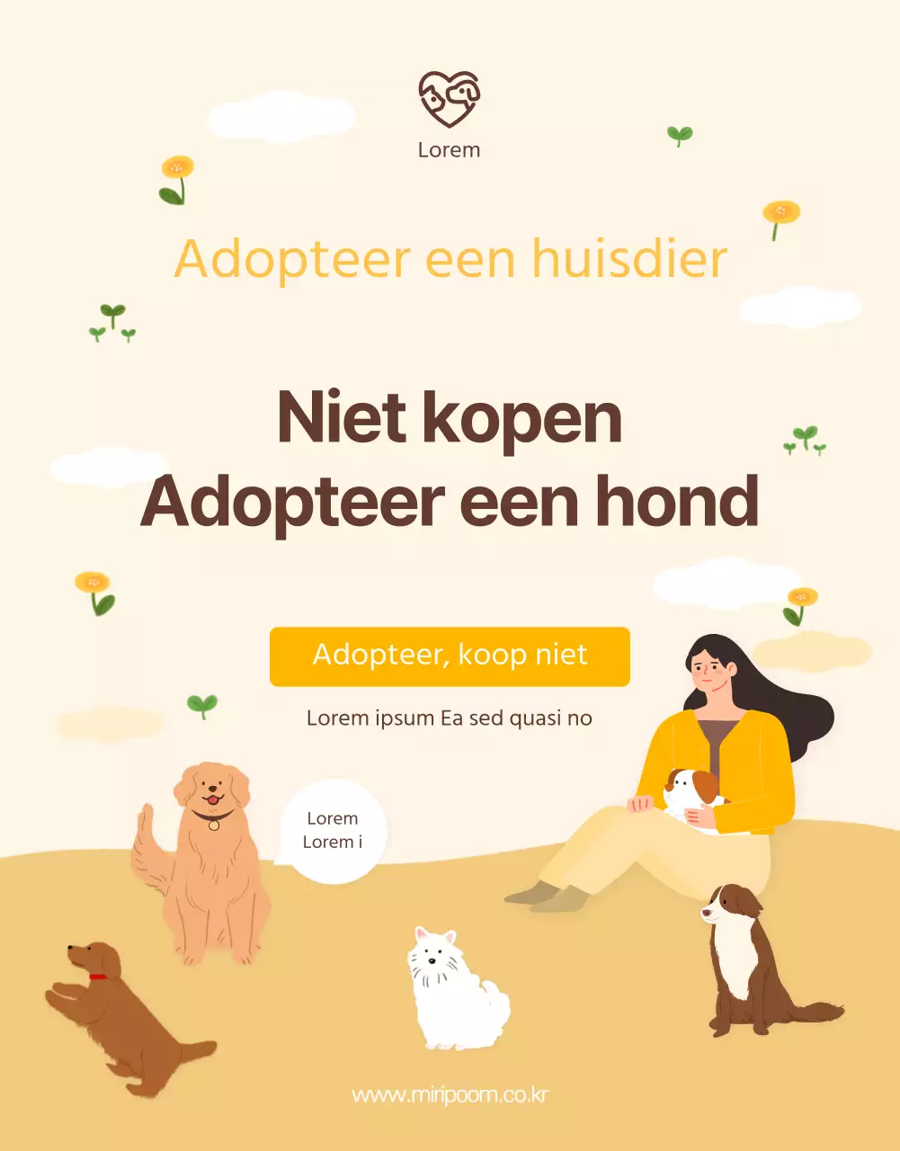 Geïllustreerde adoptiepost detailpagina met geelbruine tinten