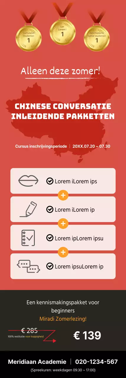 X-banner voor een school die een inleidend pakket Chinese conversatie promoot met een kaartillustratie in rood.