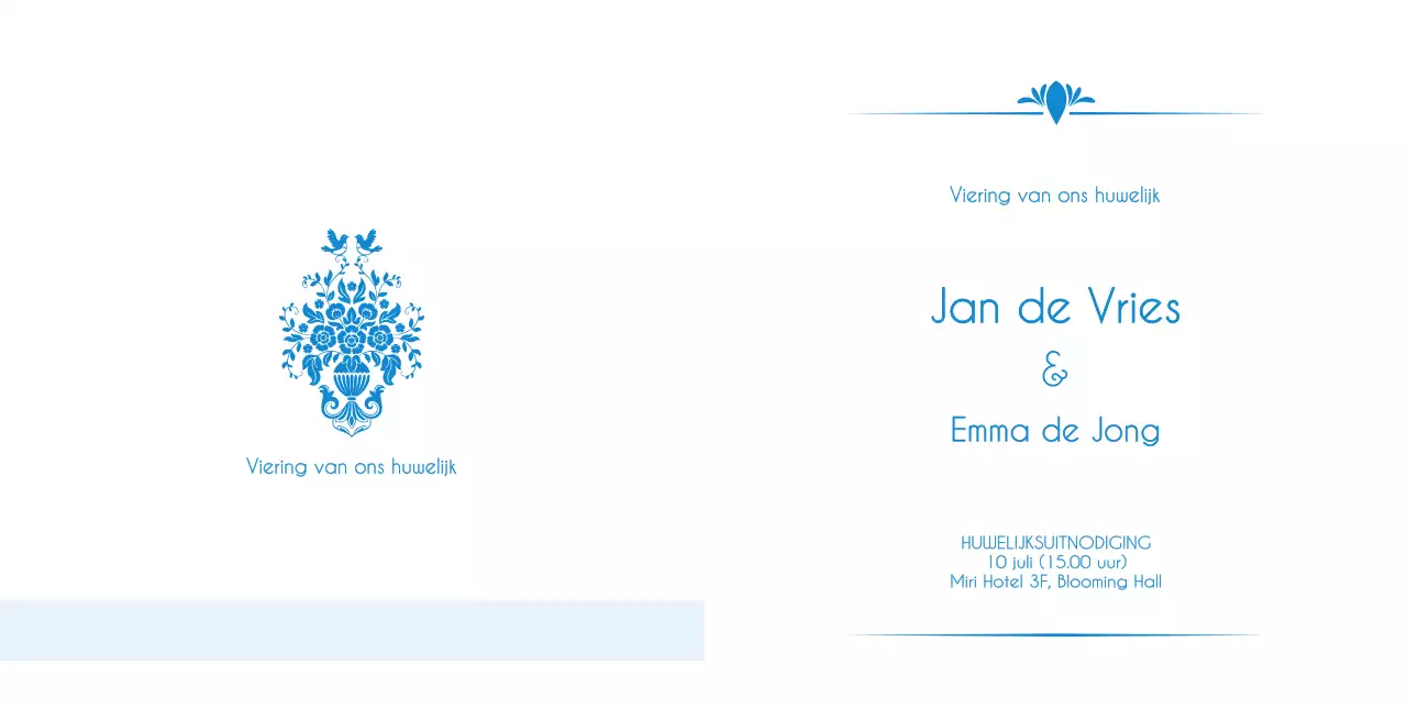 Barokke huwelijksuitnodiging in blauw