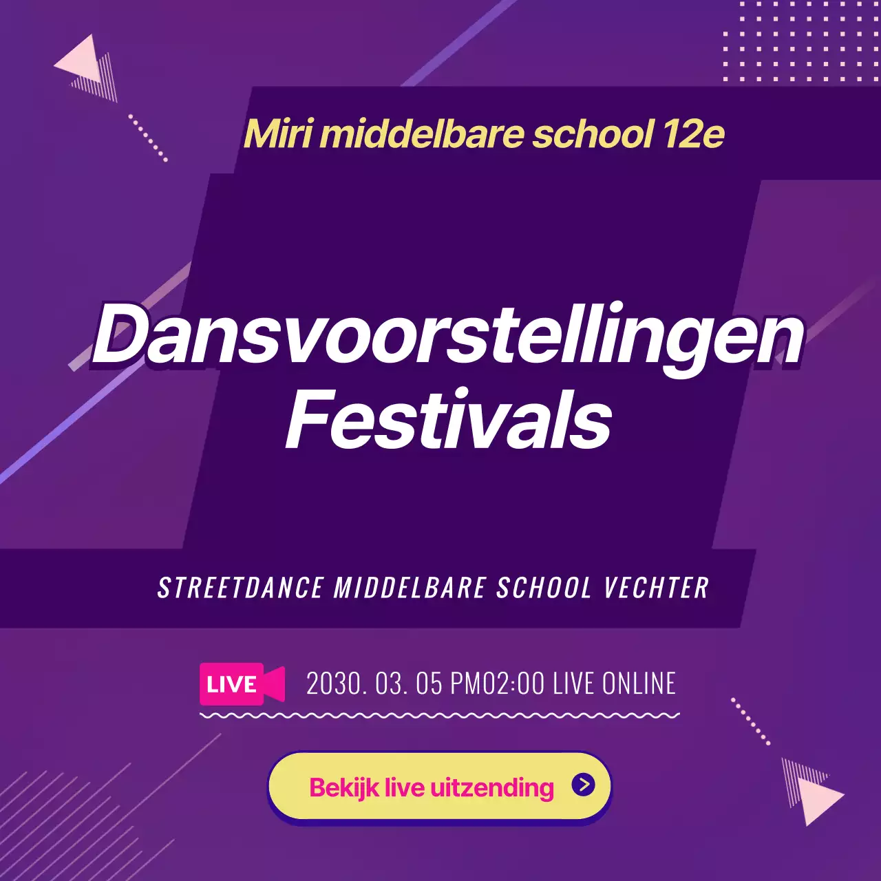 Online live stream van een dansvoorstelling met paarse grafische elementen