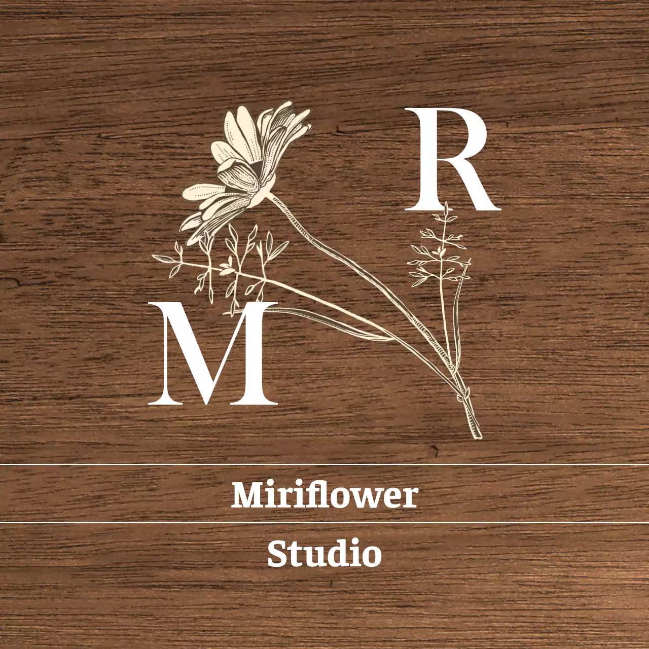 Vintage Flower Studio uithangbord met witte en ivoorkleurige tekst en bloemenillustraties