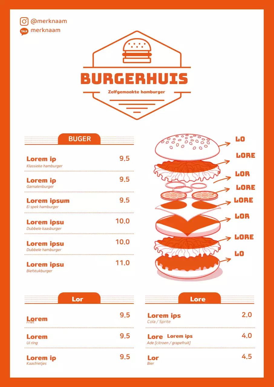 Schattig restaurant hamburger menu met oranje illustratie