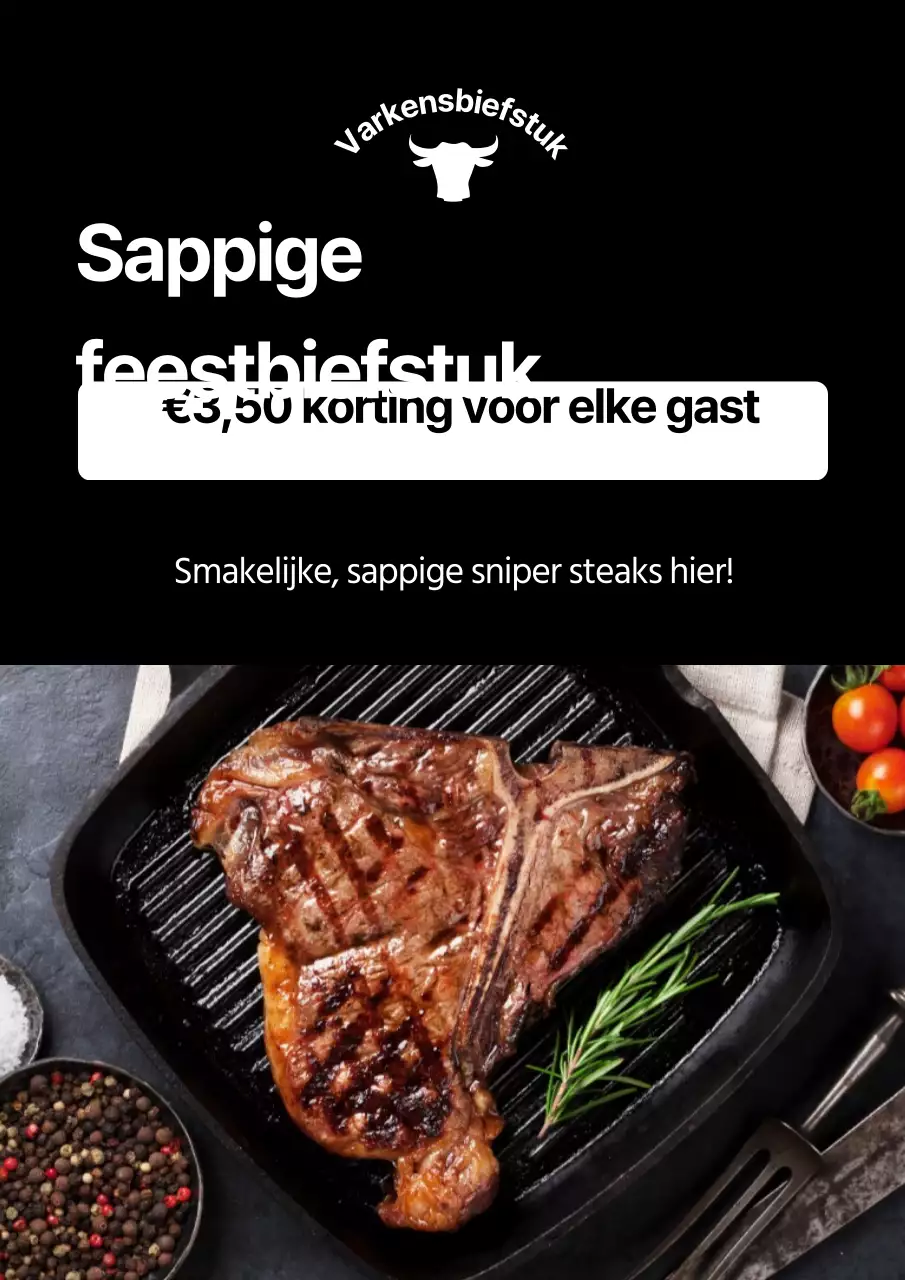 Eenvoudige steakhouse kortingsactie met een zwarte foto van een steak