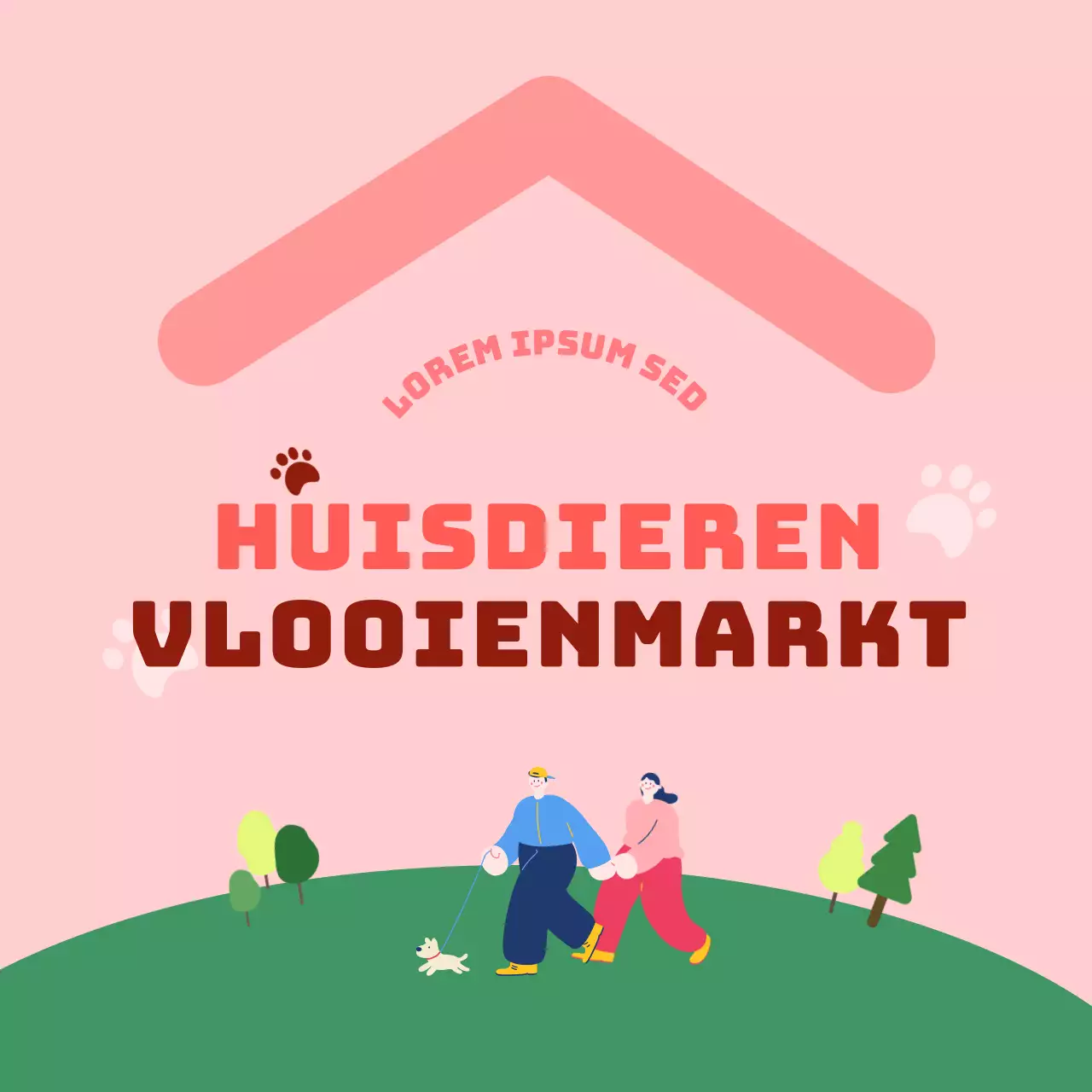 Voor vlooienmarktlocaties met roze en groene honden- en mensenillustraties