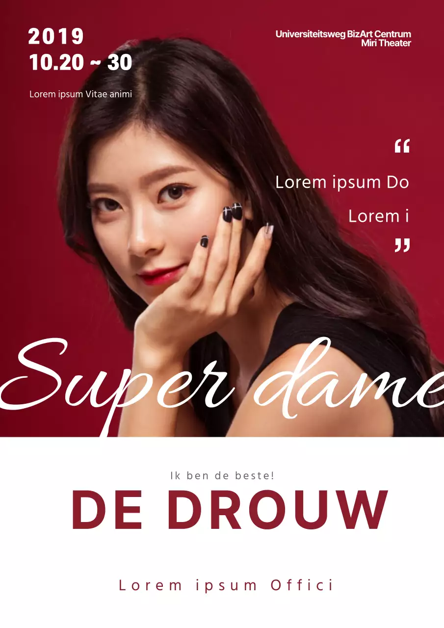 Promoot een chique optreden met een foto van een vrouwelijke actrice in rood en wit