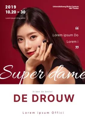 Promoot een chique optreden met een foto van een vrouwelijke actrice in rood en wit