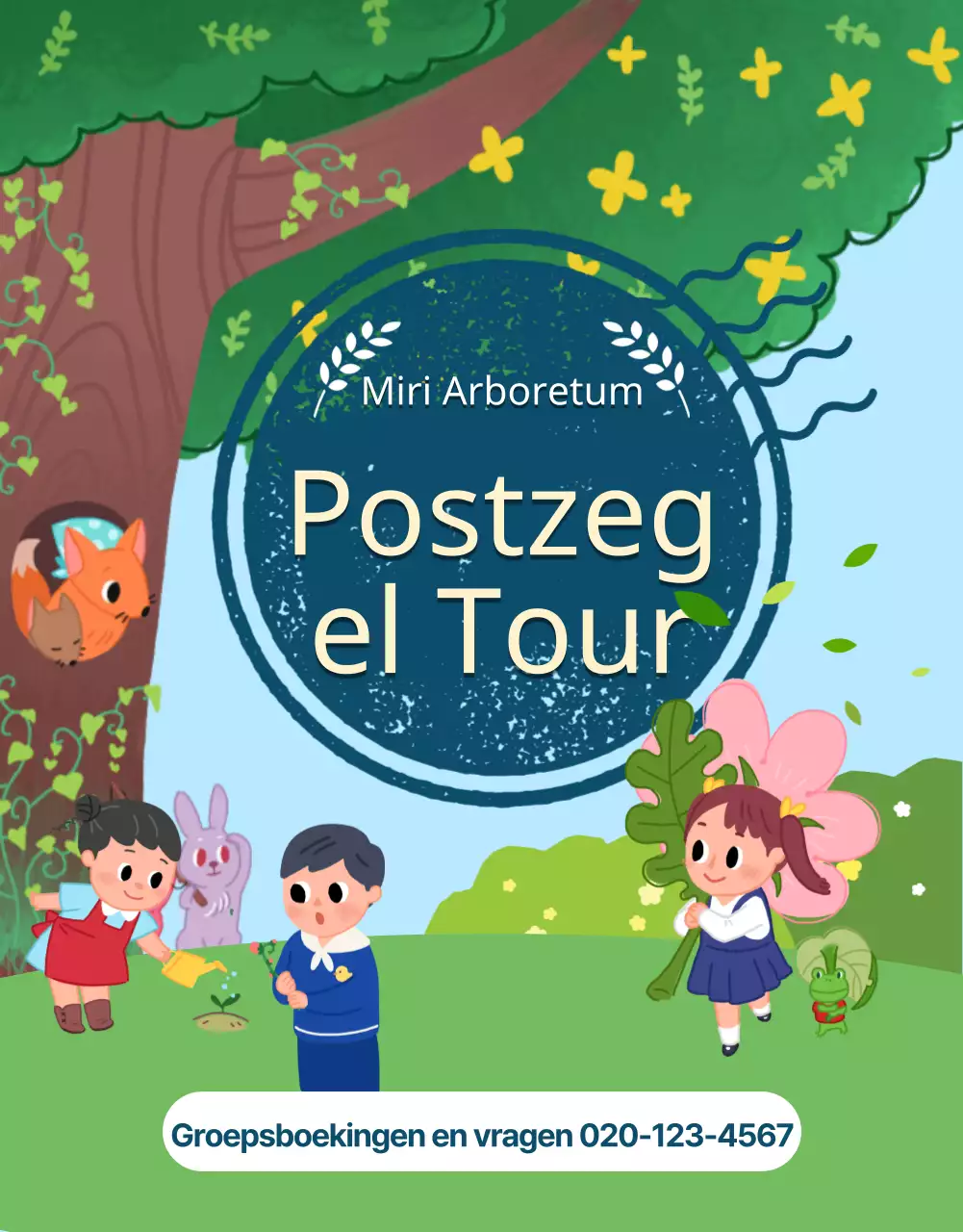 Arboretum postzegeltocht met schattige kinderillustraties