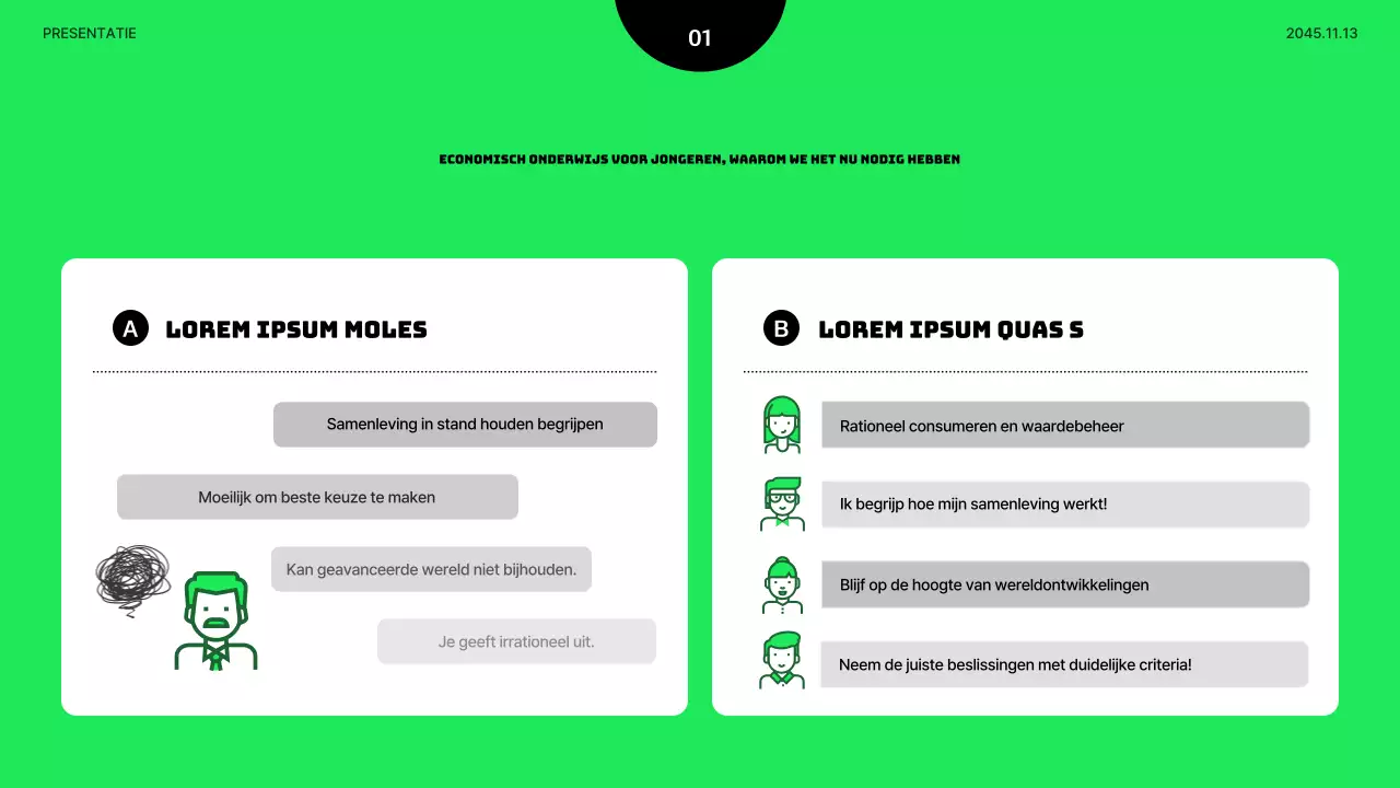 Minimalistische presentatie voor economisch onderwijs voor jongeren in limoengroen en zwart