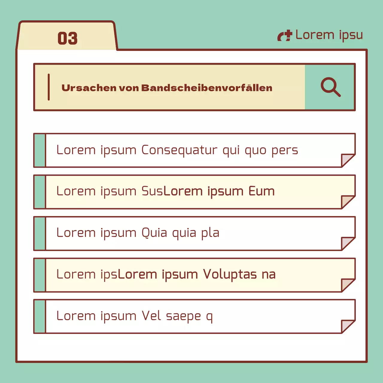 Informationen zur Lendenbandscheibe mit mintfarbenen und beigen Suchleistenelementen
