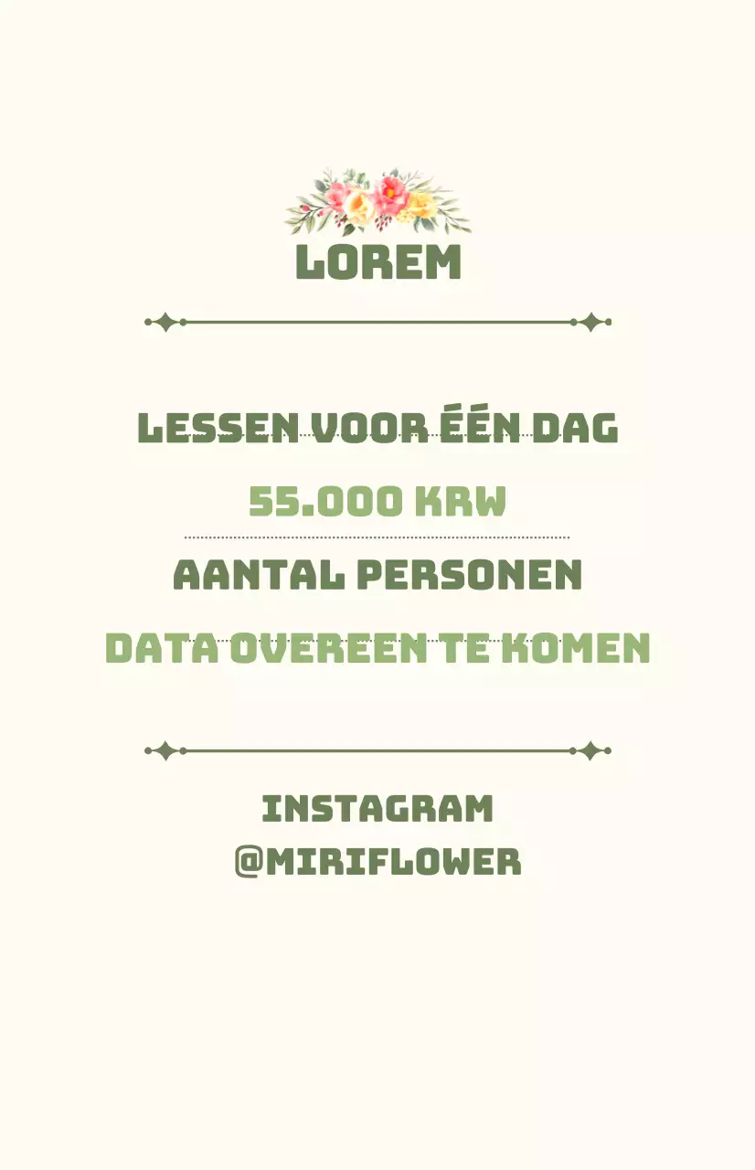 Promoot een eendaagse cursus met groene en ivoorkleurige tekst en bloemenillustraties