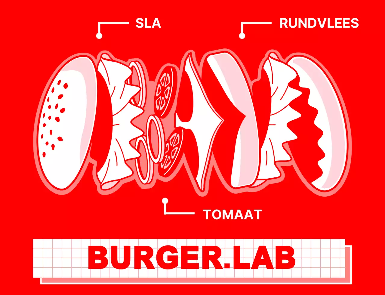 Strak ontwerp voor een hamburgerwinkel met rode en witte illustraties van hamburgeringrediënten