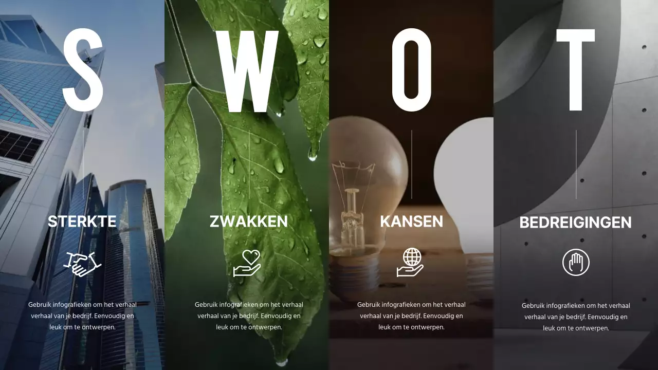 Eenvoudige SWOT infographic in zakelijk formaat met blauwe, bruine en groene kleuren