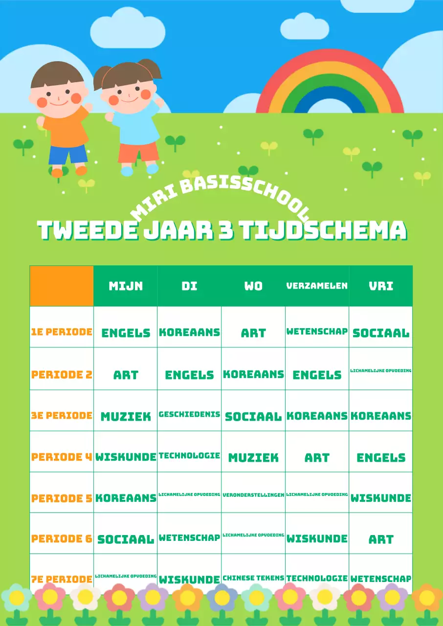 Een basisschoolklaslokaal met een weelderig limoengroen bloemenveld en een regenboogachtergrond, geaccentueerd met schattige kinderfiguurtjes.