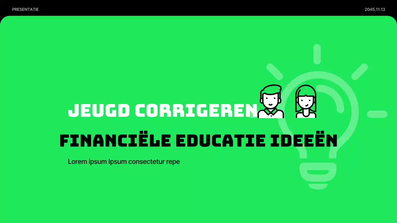 Minimalistische presentatie voor economisch onderwijs voor jongeren in limoengroen en zwart