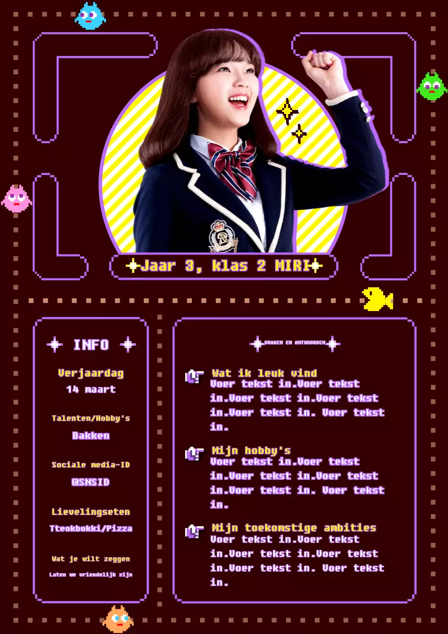 Een schattig klassiek spelconcept in rood, bruin, paars en geel.