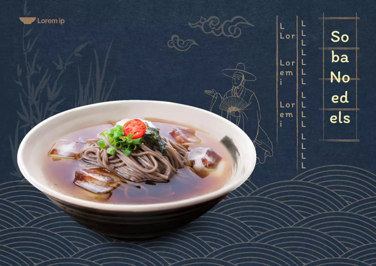 Zomermenu met donkere marineblauwe achtergrond en oosterse illustraties