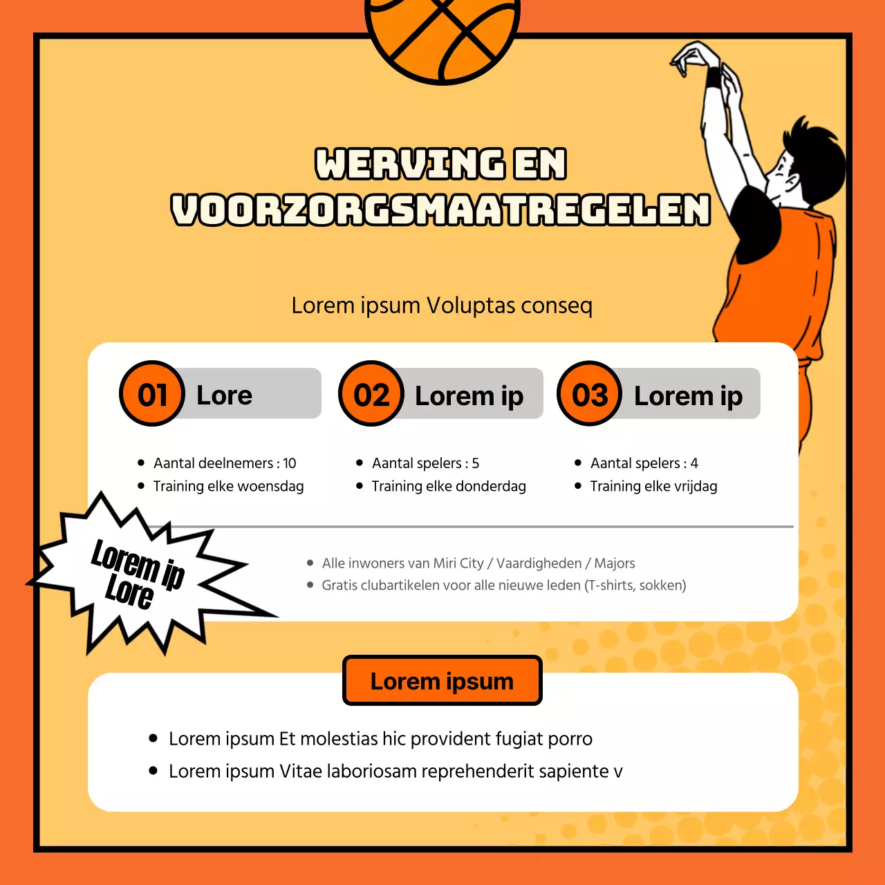 Werving voor een leuke, kitscherige, oranje, cartooneske basketbalclub