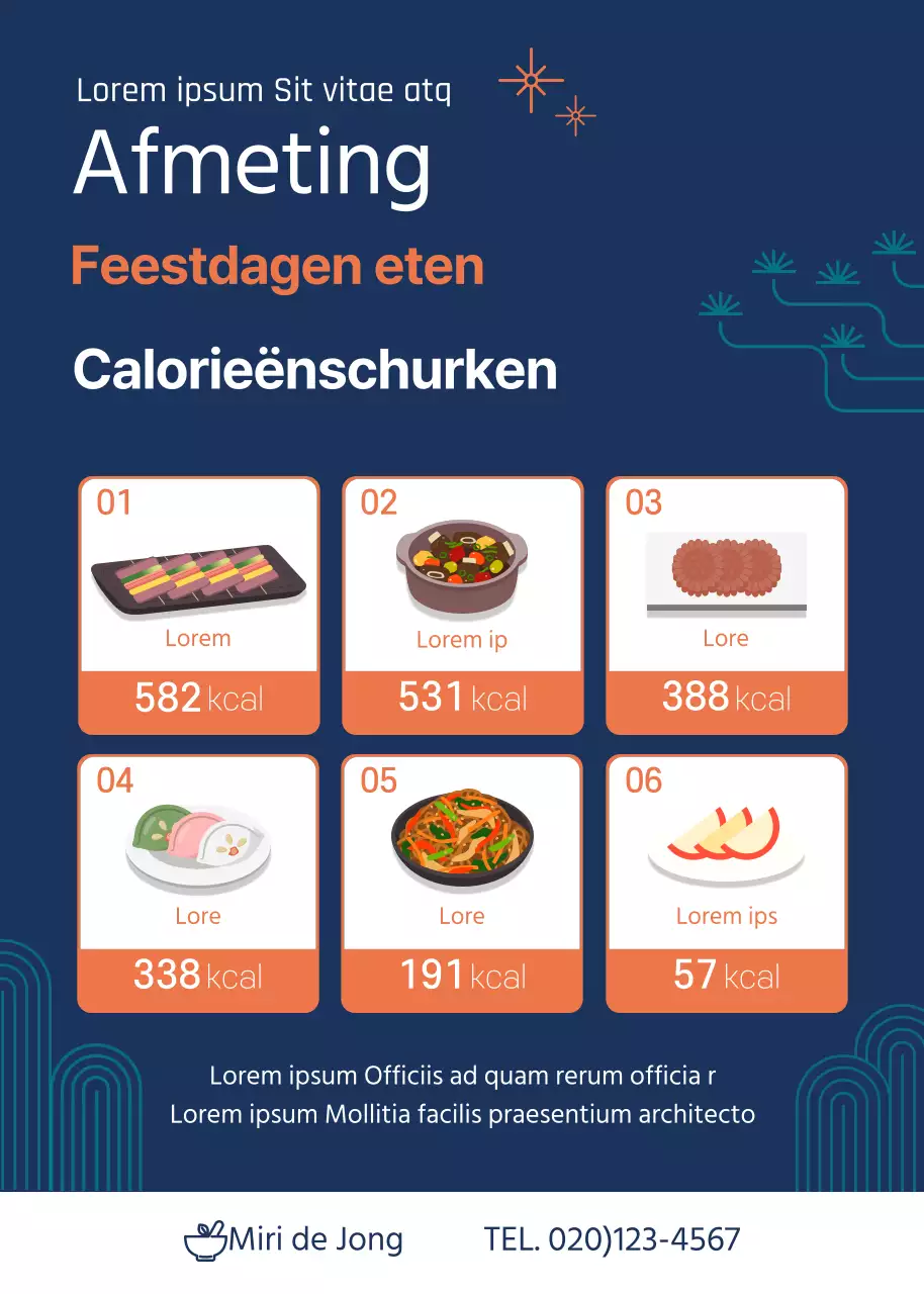 Keurig geïllustreerde calorieëngids voor feestdagen in marineblauw en oranje