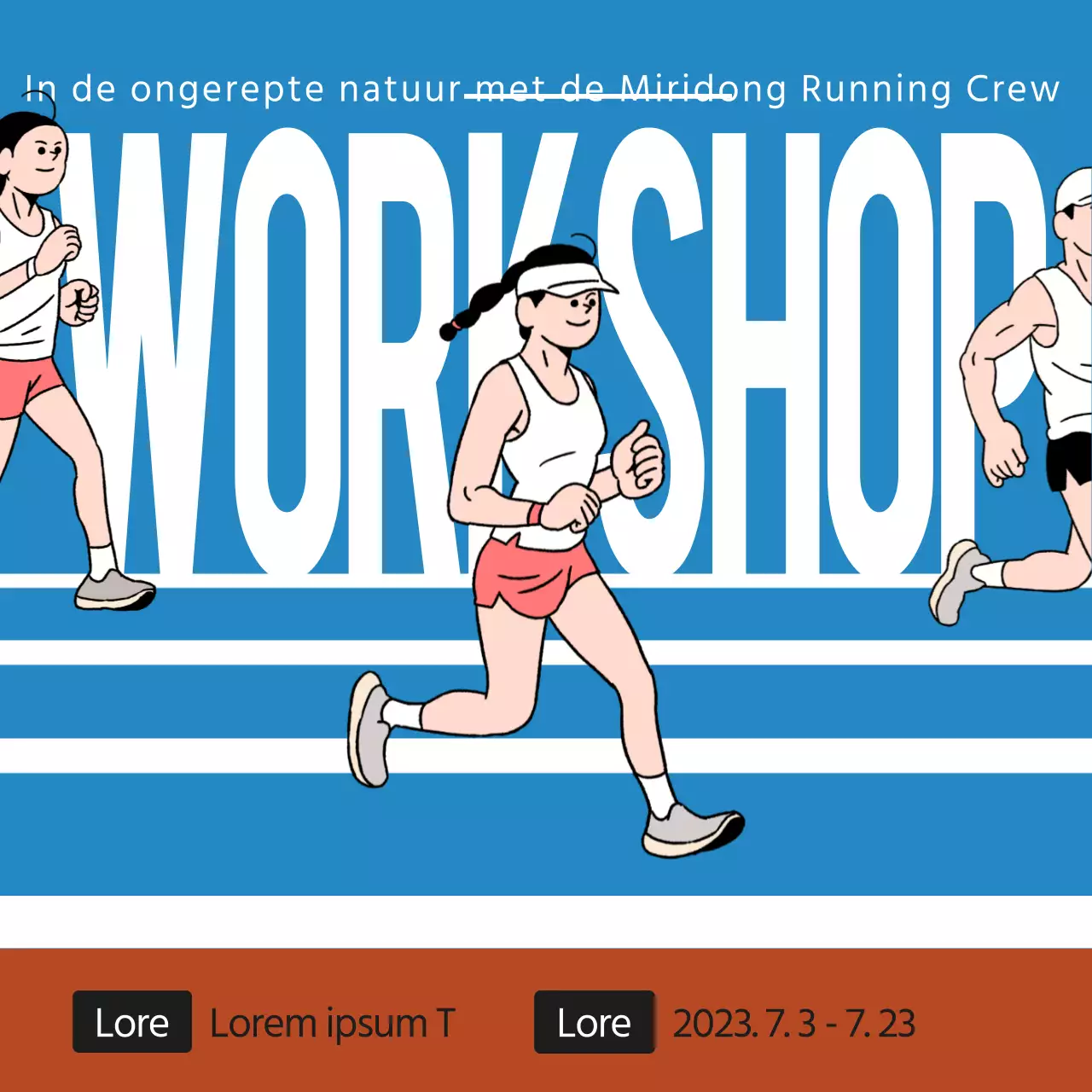 Workshop aankondiging voor blauw-bruin loopillustratie concept