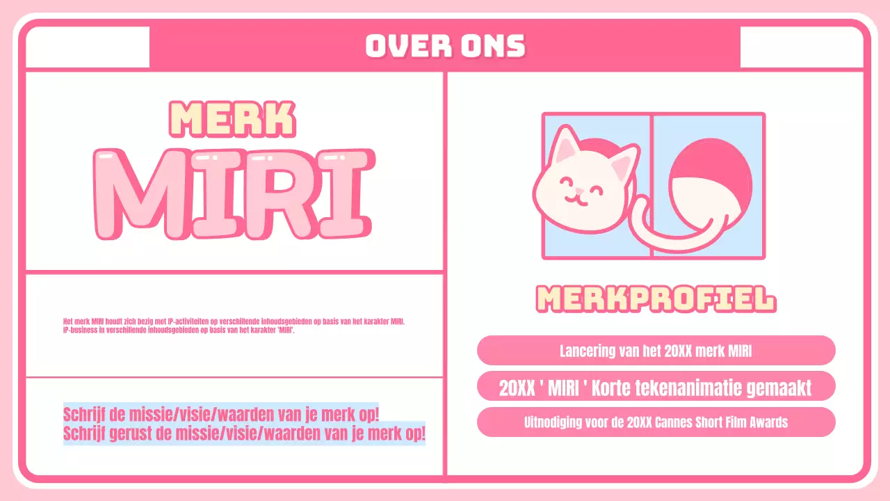 Schattige karakter en merchandise introductiepagina met roze geruite achtergrond