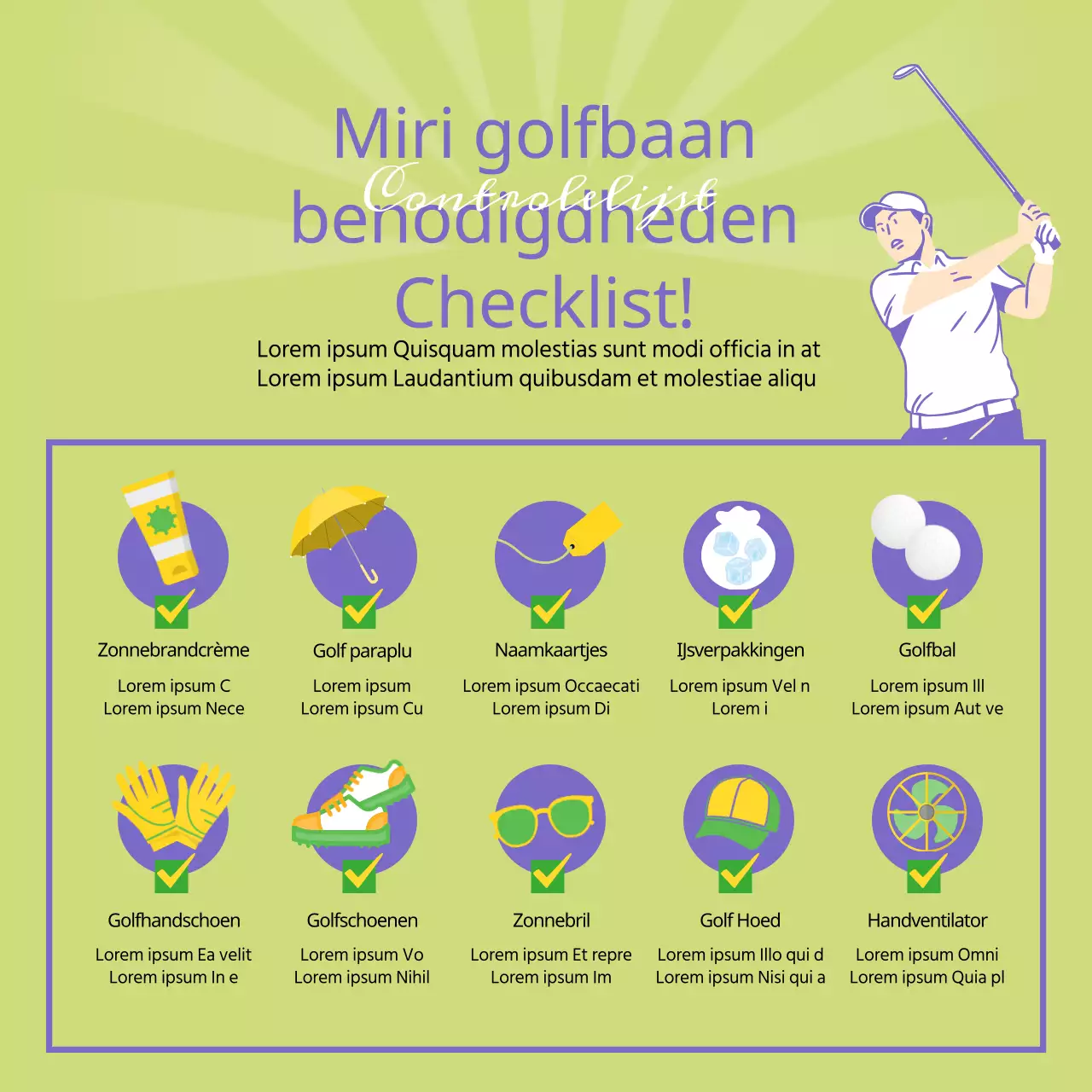 Checklist voor golfveldbenodigdheden geïllustreerd in chartreuse en paars.