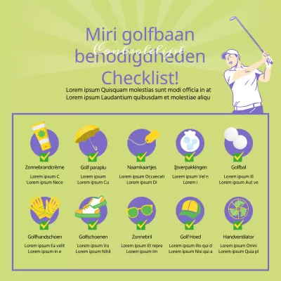 Checklist voor golfveldbenodigdheden geïllustreerd in chartreuse en paars.