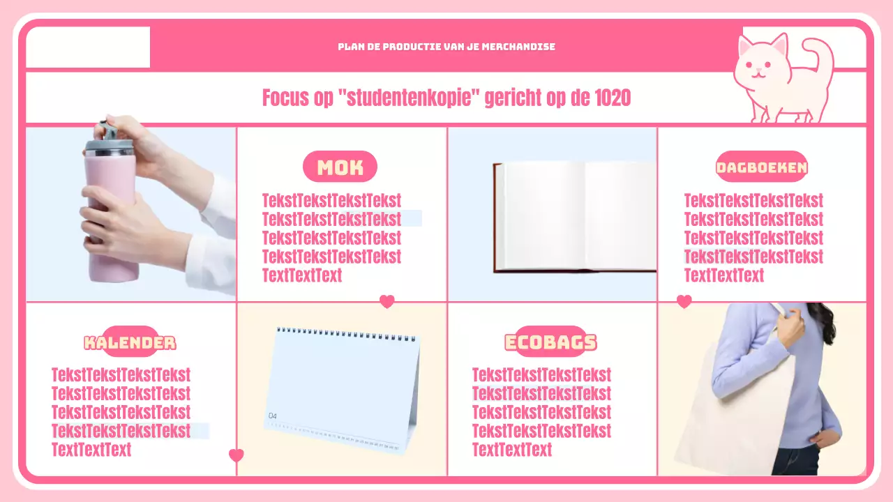 Schattige karakter en merchandise introductiepagina met roze geruite achtergrond