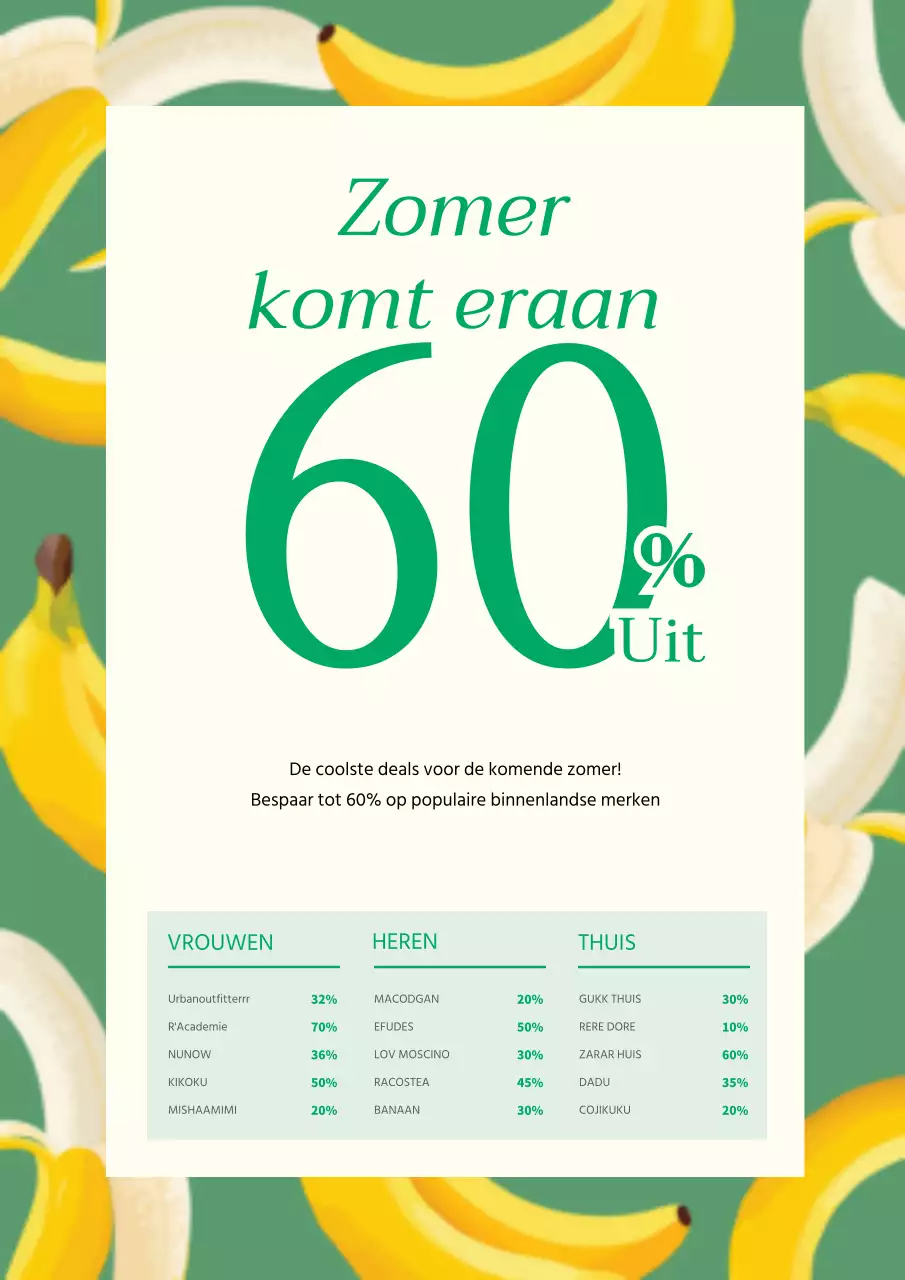 Flyer ter promotie van de zomeruitverkoop van een populair merk in groen en geel.