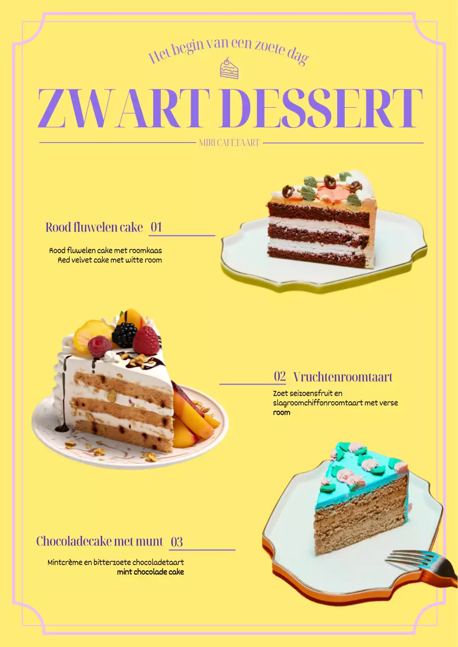 Een sensuele dessertkaart met een felgele achtergrond en paarse accenten.