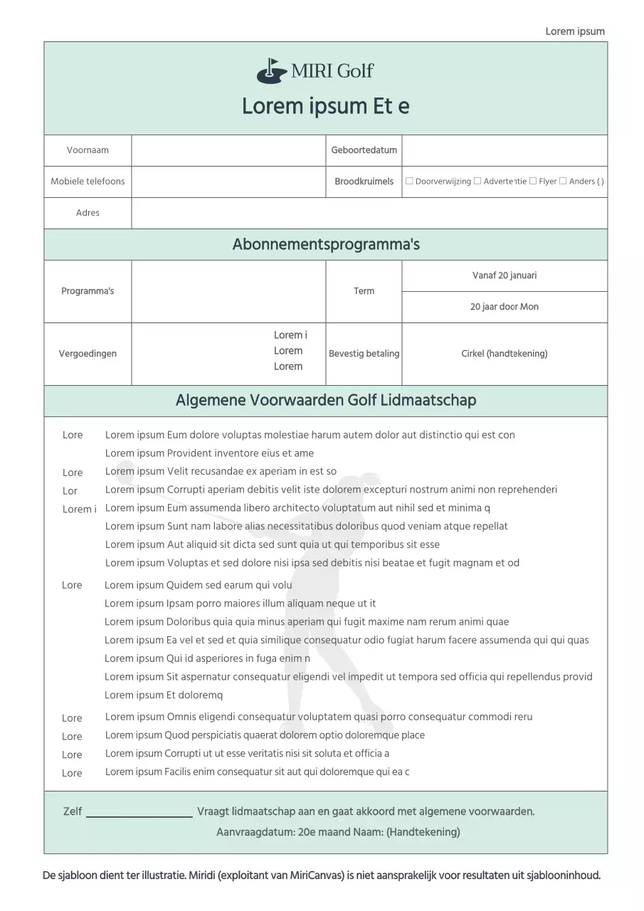Green Pre-Golf contract Inschrijven Golf Lidmaatschap Algemene voorwaarden Regels en voorschriften Restitutiebeleid