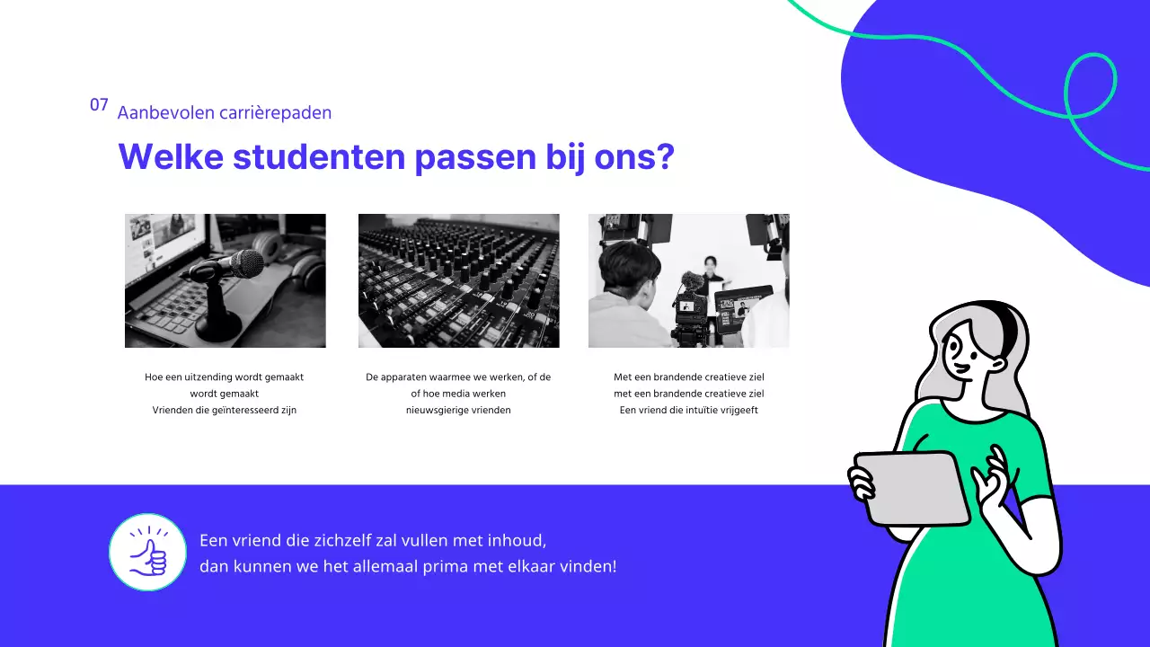 Een moderne blauw-witte presentatie van de afdeling public relations van een universiteit