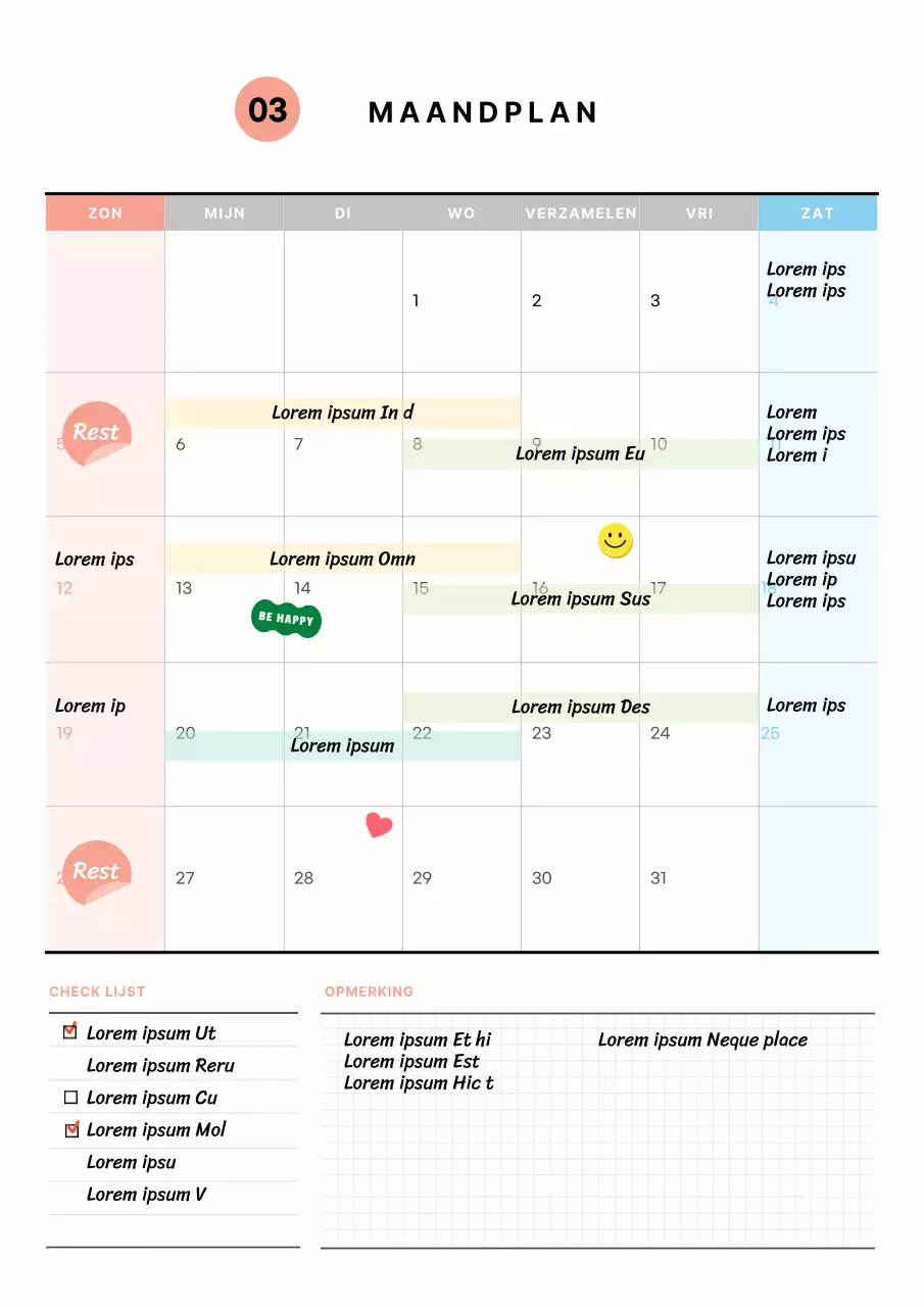 Maandelijks studieplan document sjabloon met schattige geïllustreerde stickerelementen