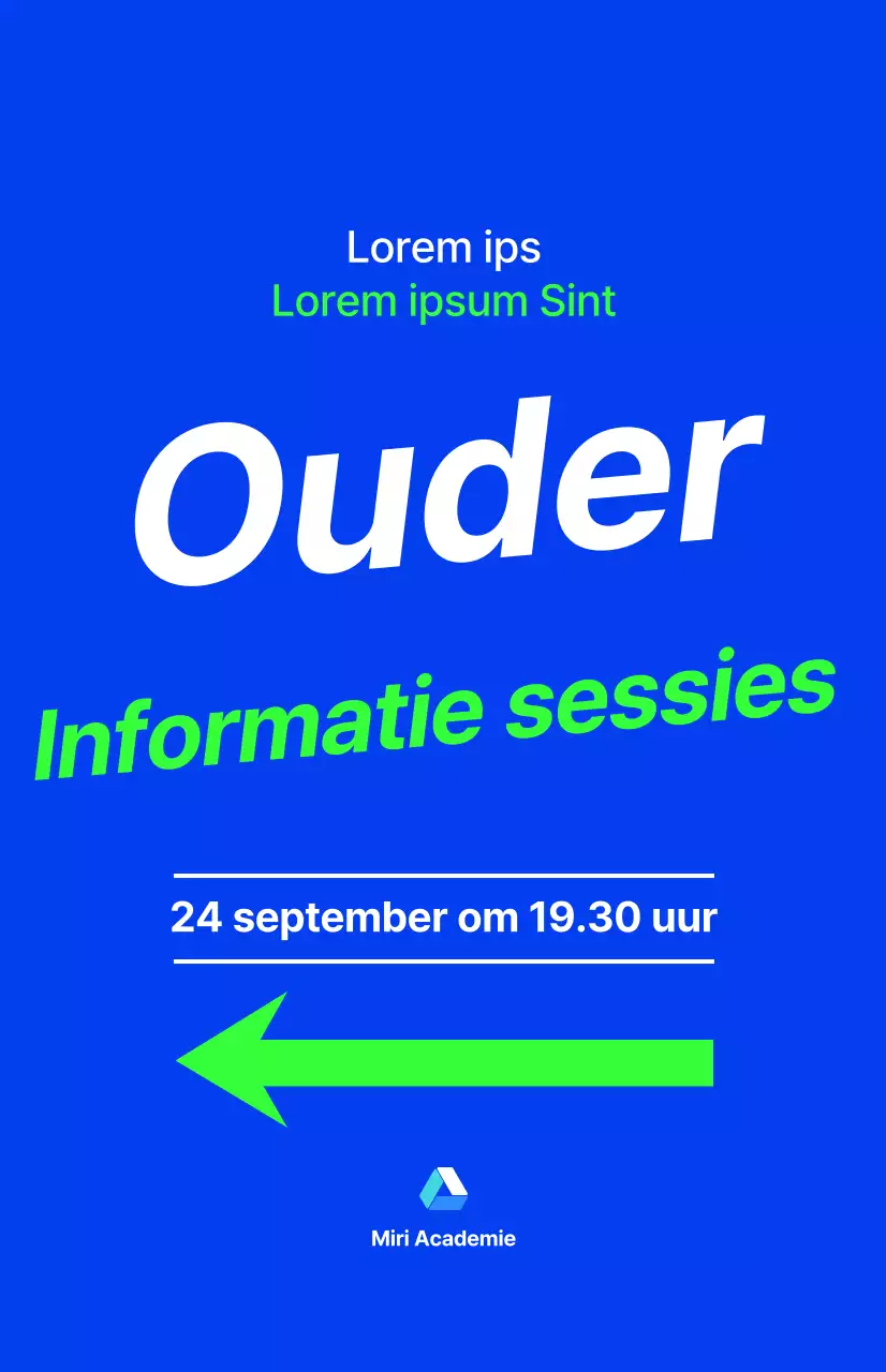 Een informatiesessie voor ouders van een academie voor middelbare scholieren, met tekst in blauw en fluorescerende accentkleuren.