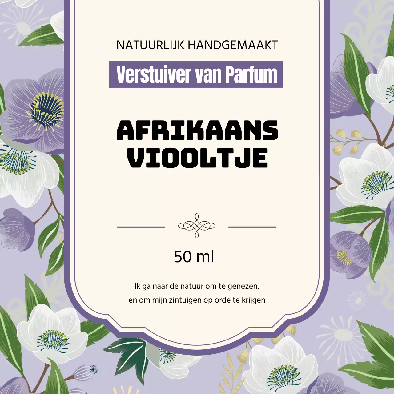 Vintage parfumlabel met paarse illustratie