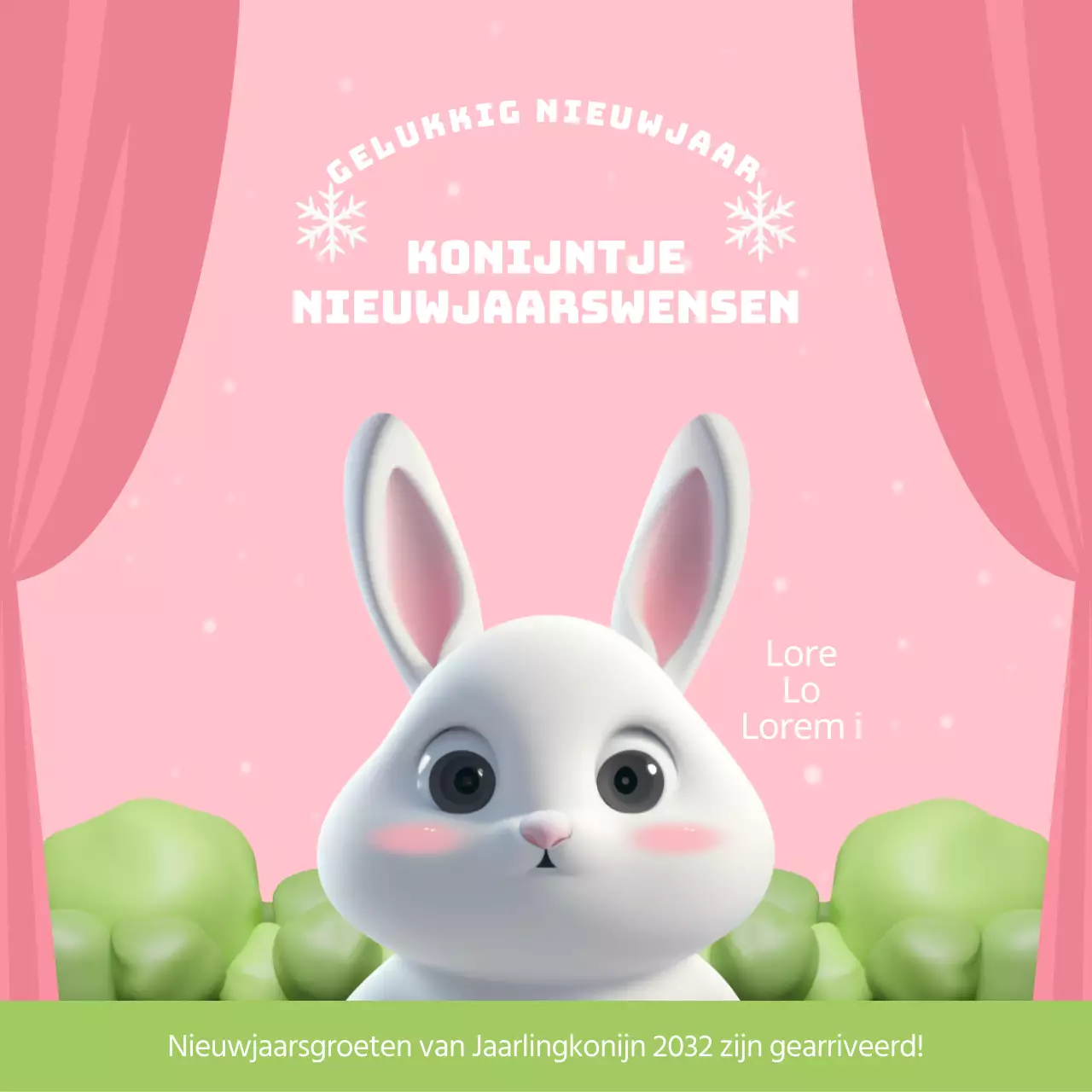 3D stereoscopisch konijntje Nieuwjaarswens in roze en chartreuse