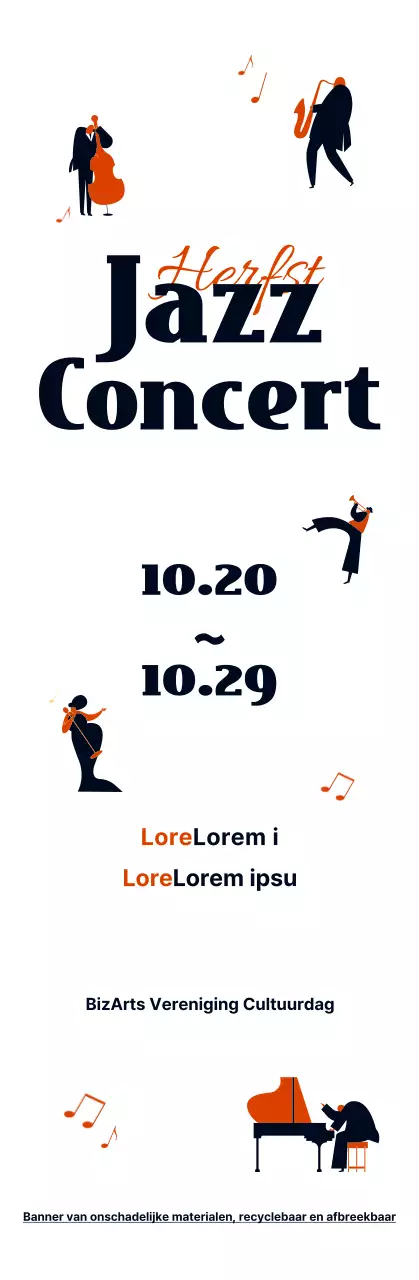 Informatie over jazzconcerten in een leuke zwart-oranje illustratiestijl
