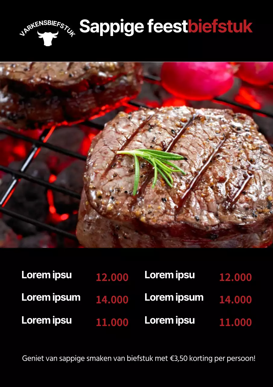 Steakhouse menubord met een zwarte steak foto en verkoop promotie
