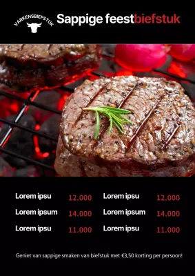 Steakhouse menubord met een zwarte steak foto en verkoop promotie
