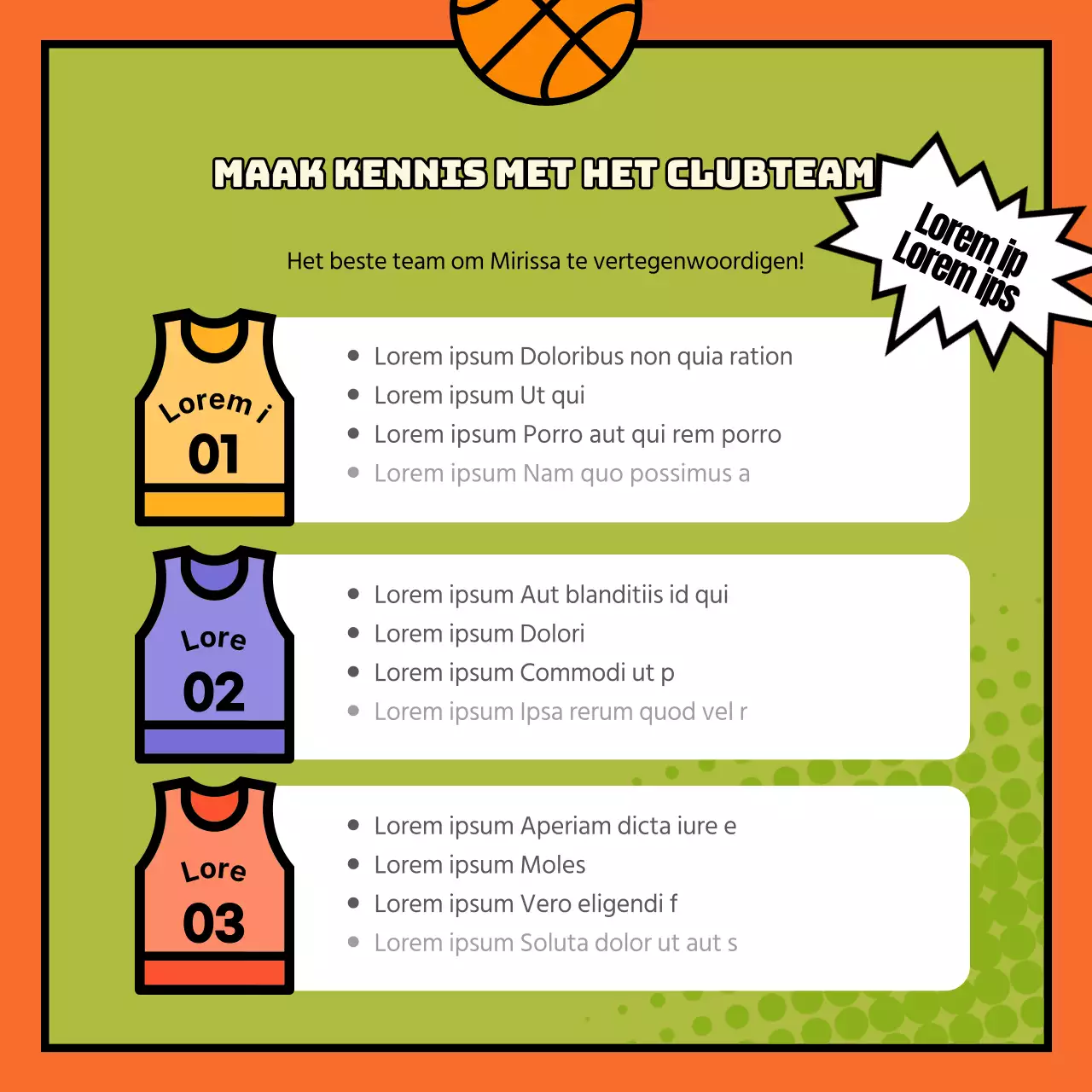 Werving voor een leuke, kitscherige, oranje, cartooneske basketbalclub