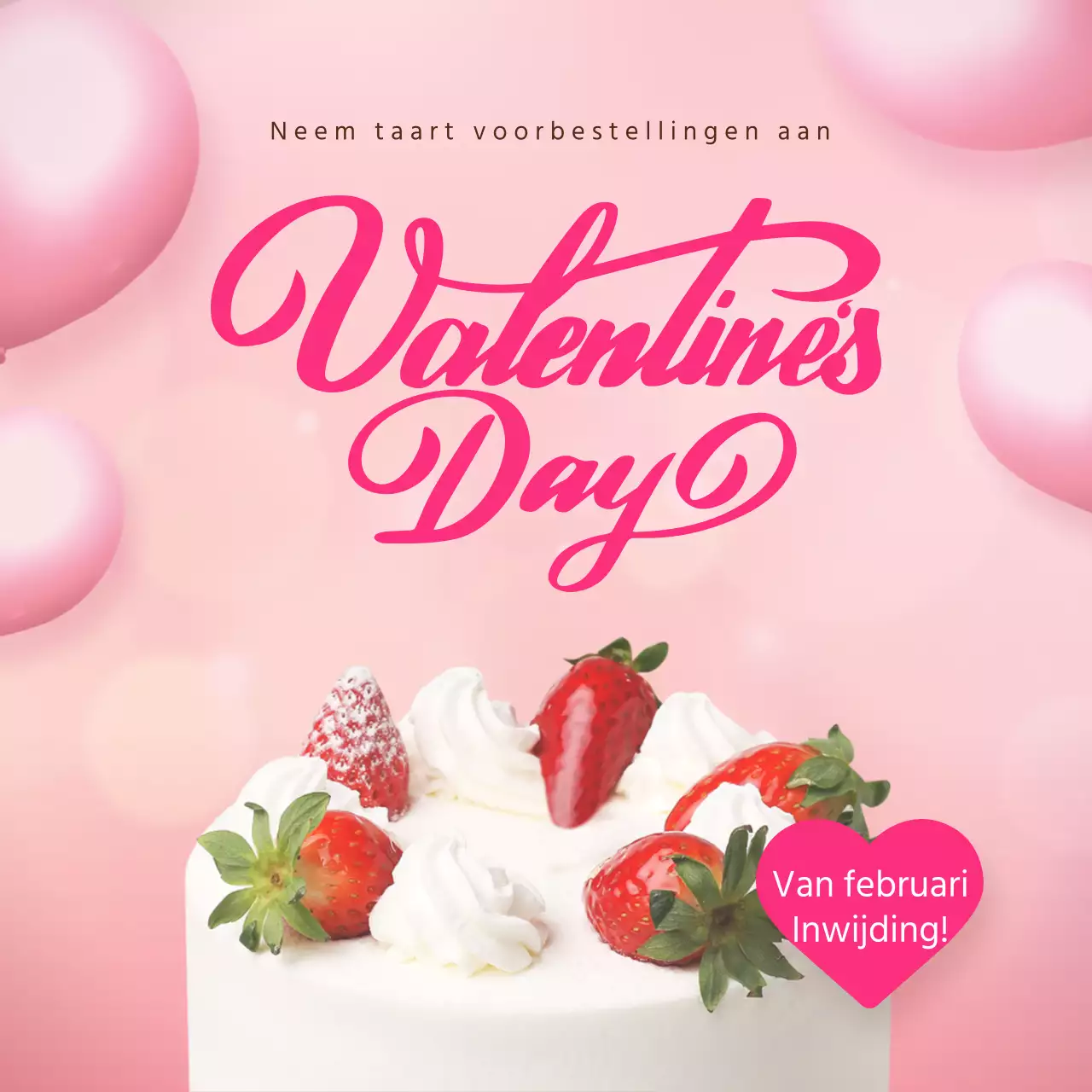 Valentijnskalligrafie op een roze ballonachtergrond en een taart met een bijpassende cake voor een mooi voorbestelevenement