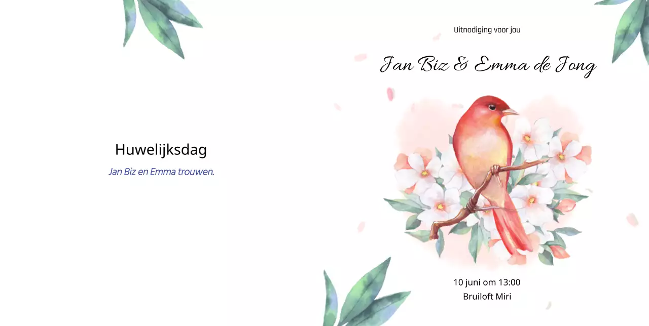 Huwelijksuitnodiging met roze liefdesbloemen en papegaaien